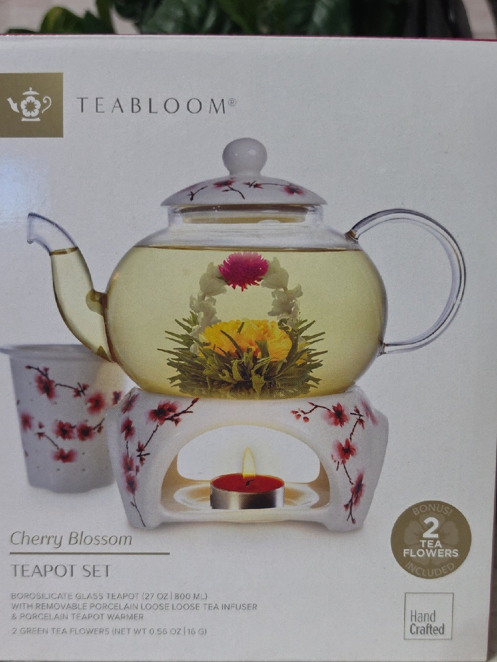 Teabloom NIB Cherry Blossom Glass Teapot Set - White with Pink Floral Accents